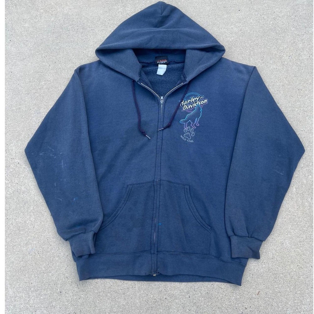 Harley Davidson Zip Up Hoodie Mens faded Navy Blue Wolf Graphic